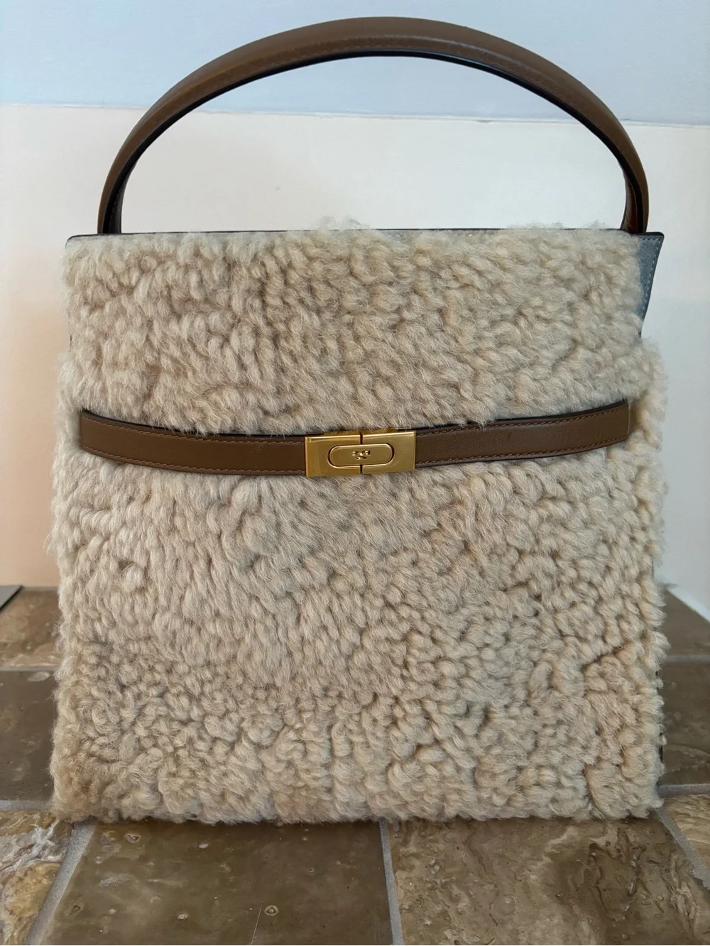 Tory Burch Lee Radziwill Shearling Double Bag in Natural